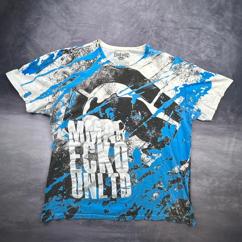 Vintage Ecko Unltd MMA T-Shirt XL Blue White All Over Print Y2K Dominate Graphic